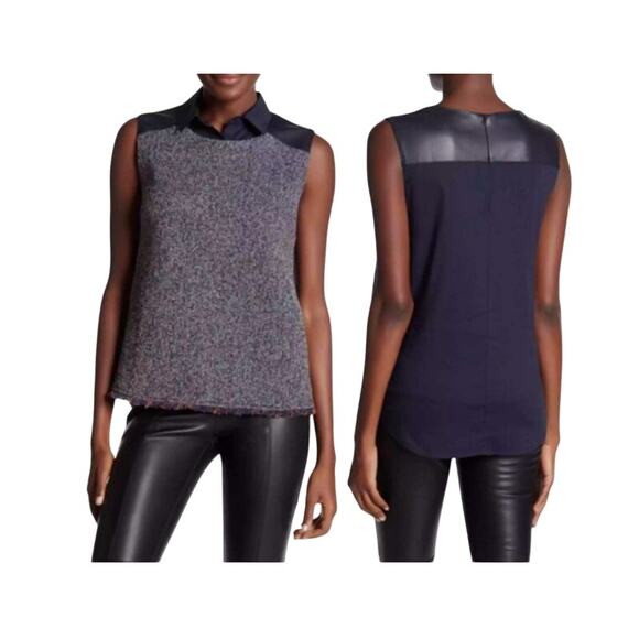 Bailey 44 Tweed Fringe Vegan Leather Sleeveless Top Medium - Picture 1 of 13